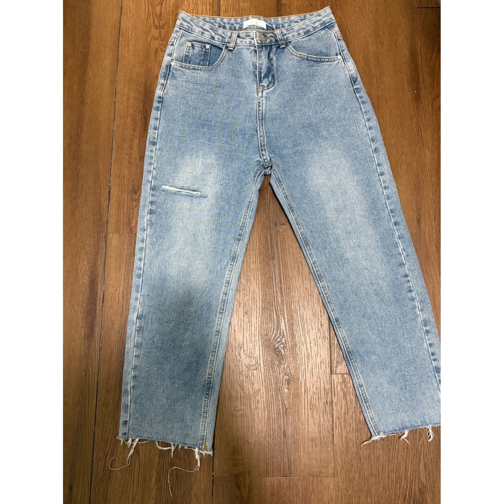 Oak + Fort Blue High Rise Straight Crop Jeans Distressed Raw Hem Size S